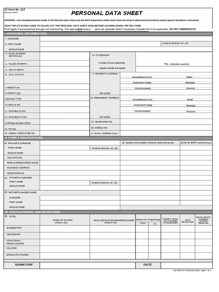 Personal Data Sheet (PDS) 2025 - CS Form 212 Revised 2025 PDF | PDF ...