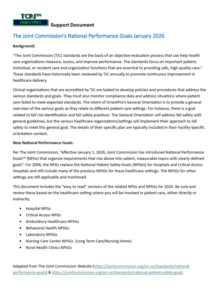 NPSG Summary | PDF | Joint Commission | Hospital