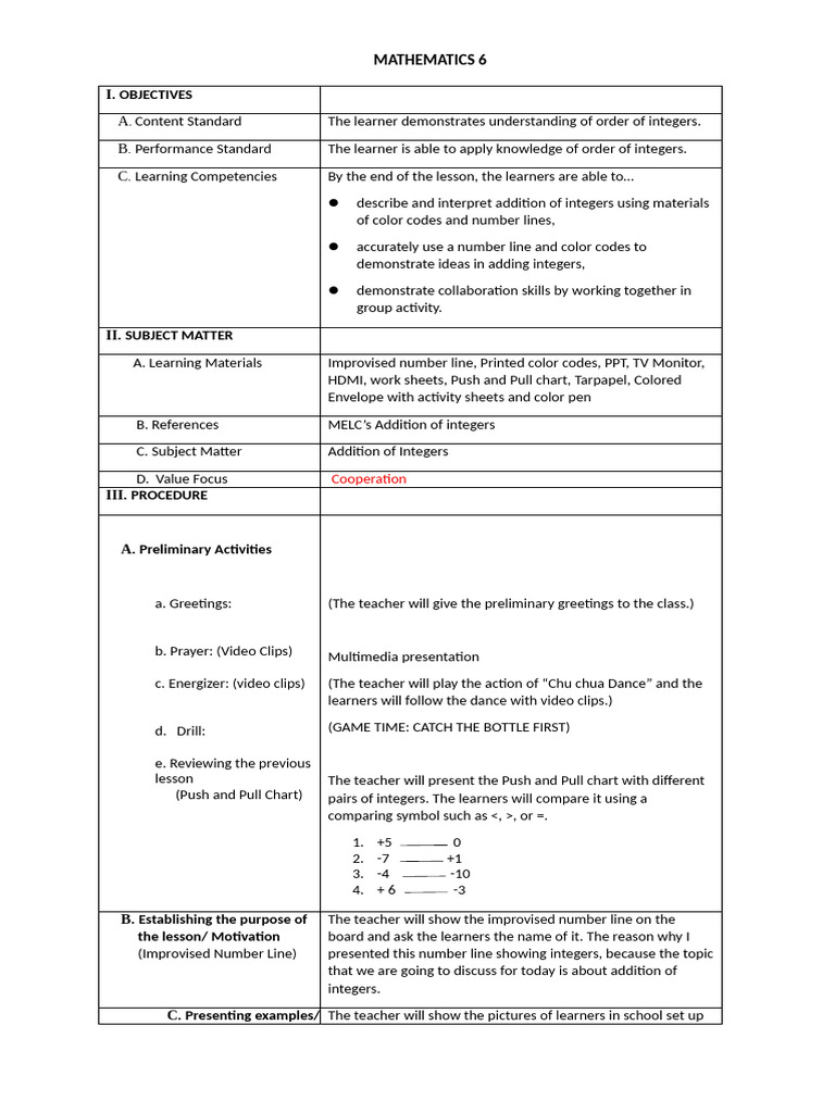 Lesson Plan in Math - Integers Els | PDF | Numbers | Learning