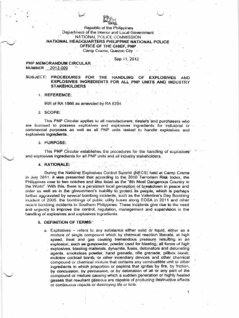 PNP MC No. 2012-009 Procedures For The Handling of Explosives and ...