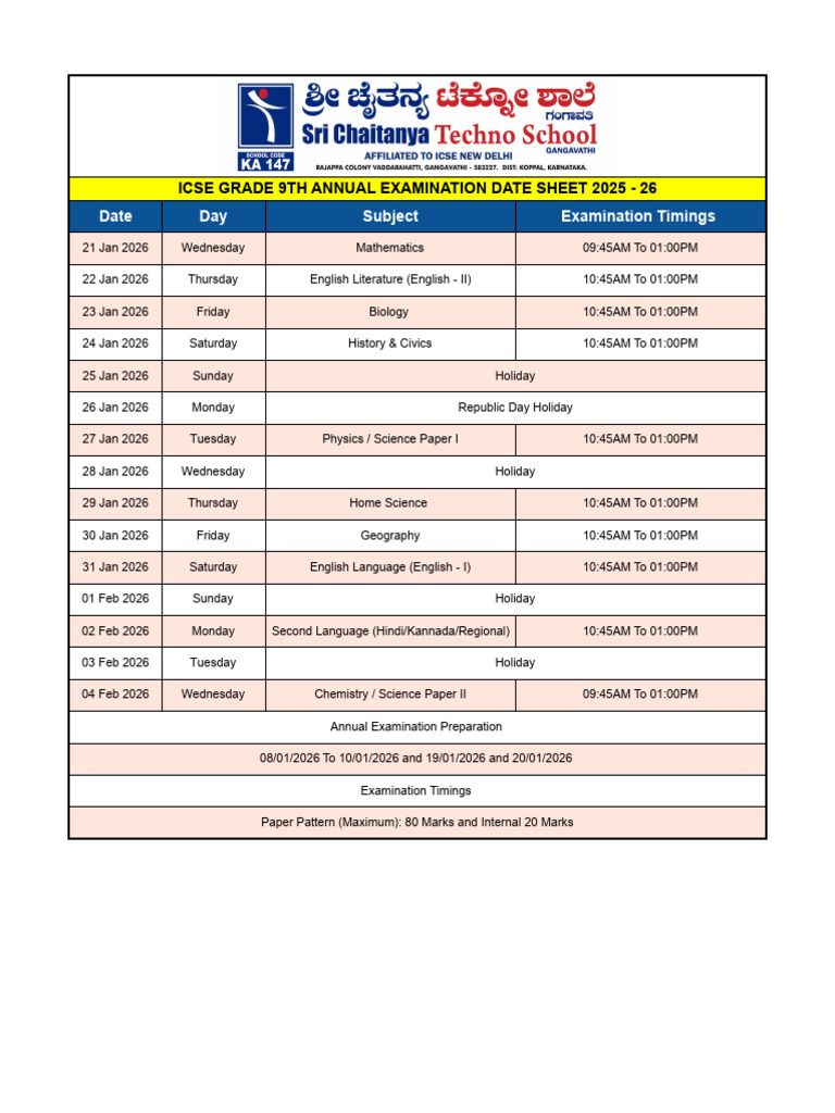 9th Annual Exam Date Sheet | PDF