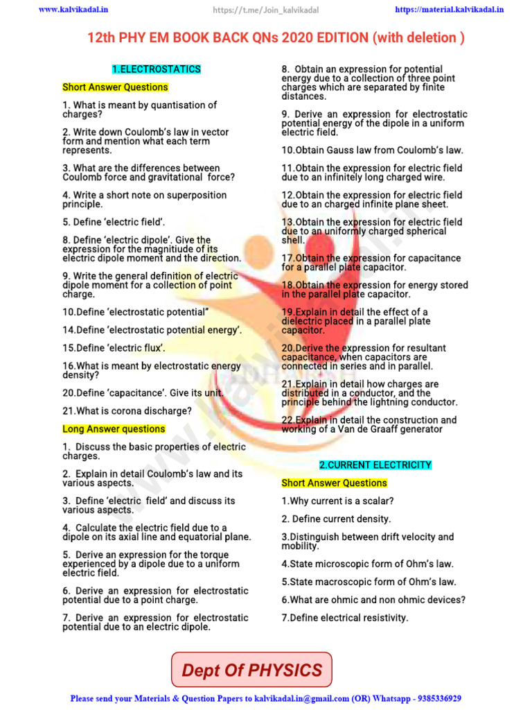 12th PHY EM BOOK BACK QNs 2020 Edition (With Deletion) | PDF ...