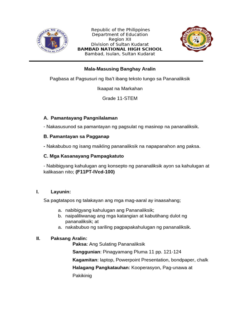 Banghay Aralin 1 | PDF
