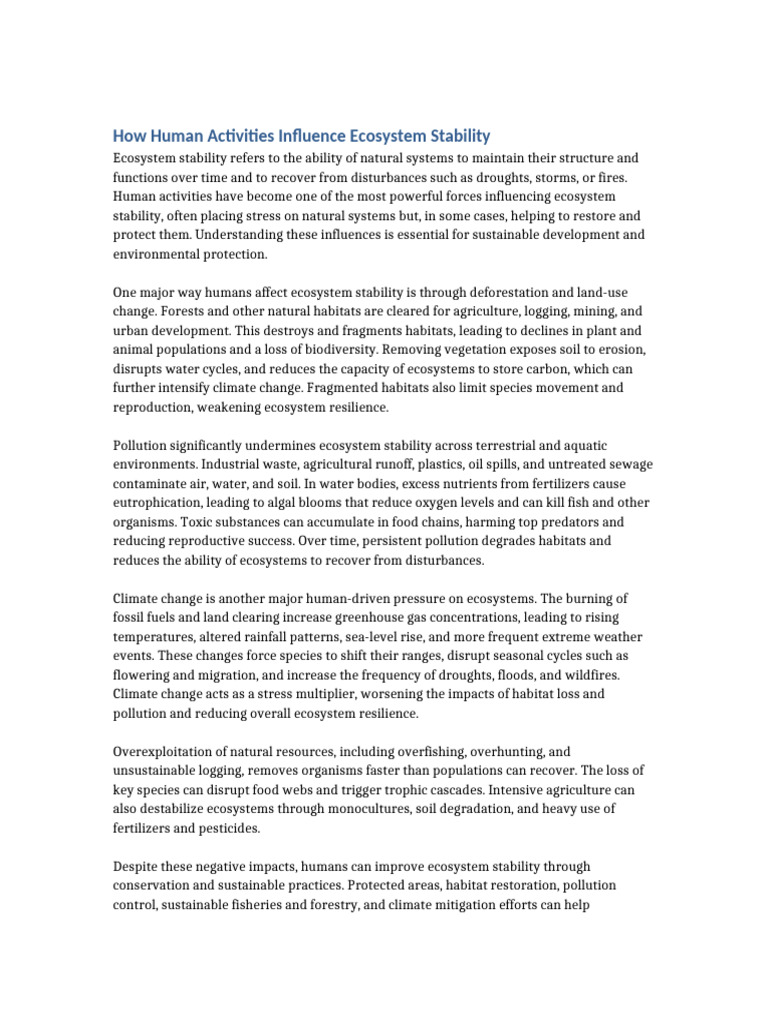 Human Activities and Ecosystem Stability 1page | PDF | Ecosystem ...
