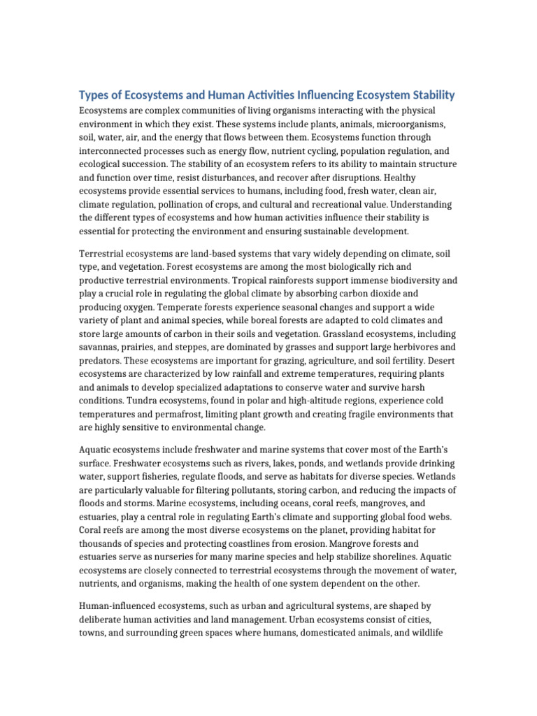 Types of Ecosystems and Human Activities Ecosystem Stability | PDF ...
