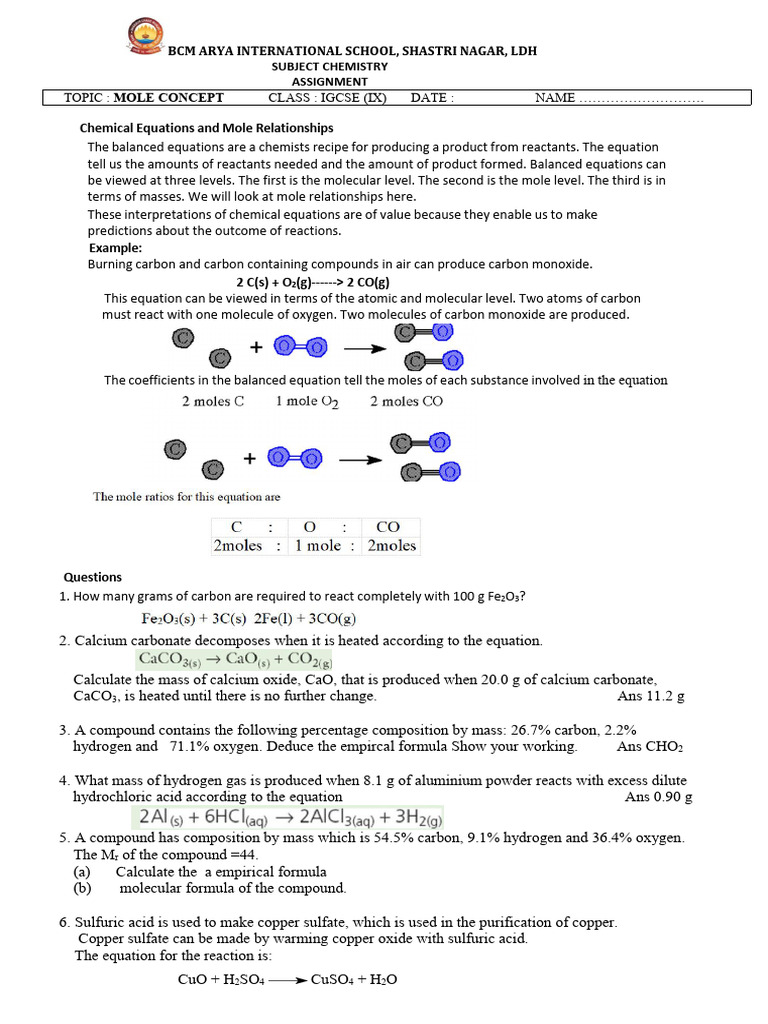 Mole Concept Assignment Igcse | PDF | Oxide | Chlorine