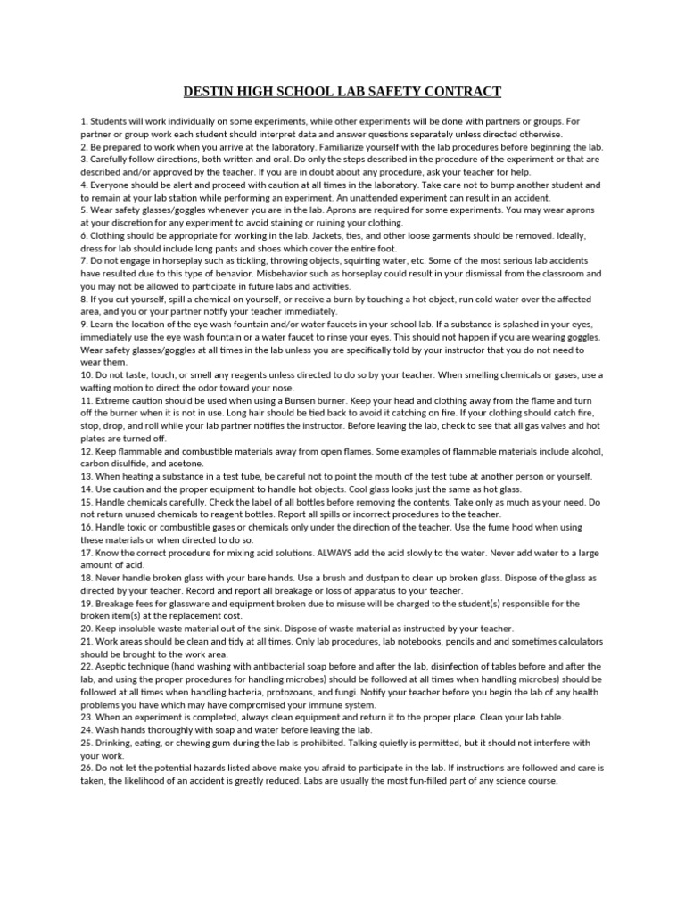 Destin High School Lab Safety Contract 2 2 | PDF | Parent