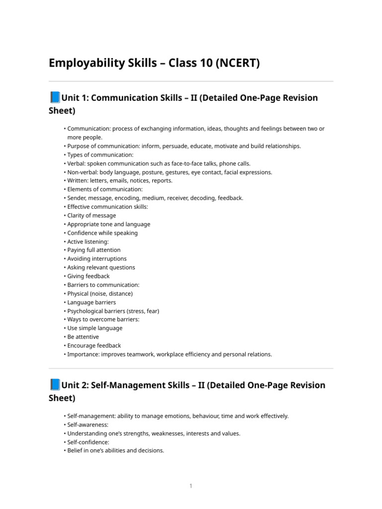 Employability Skills - Class 10 Ncert (1 Page Summary) | PDF