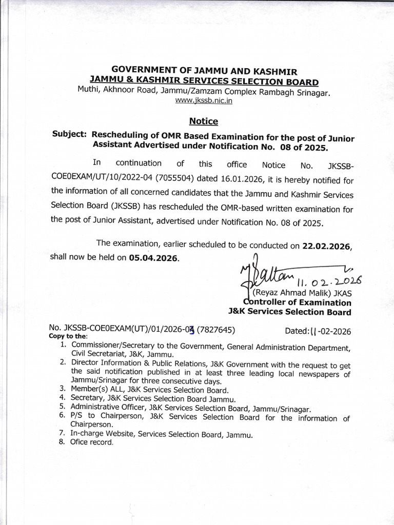 Rescheduling Notice Junior Assistant 11022026 | PDF