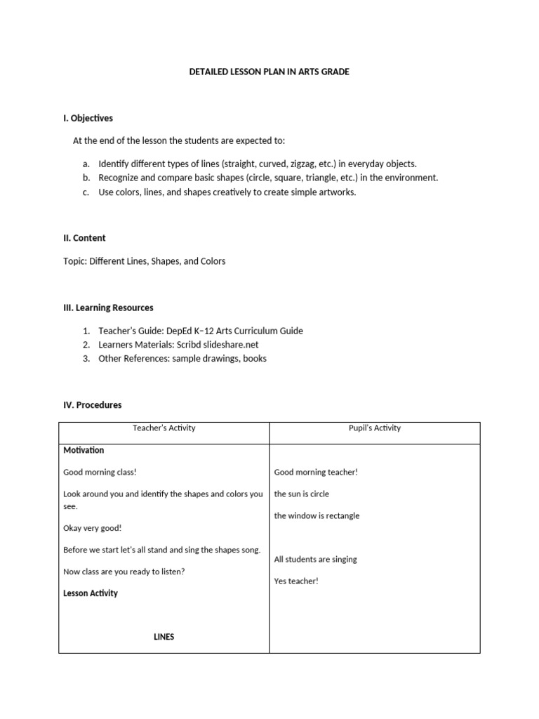 Detailed Lesson Plan in Arts MAPEH ARTS | PDF | Shape | Teachers