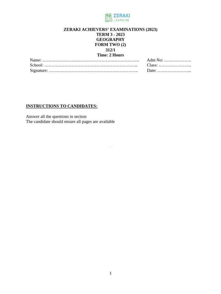 Geography Form 2 - Question Paper | PDF | Rock (Geology) | Plate Tectonics