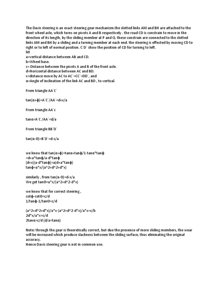 Davis Steering Steering Gear Mechanism PDF Triangle Mechanical