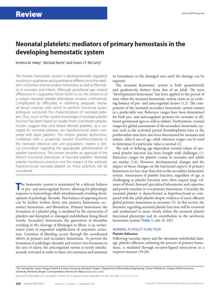 Neonatal Platelets Mediators of Primary Hemostasis | PDF | Platelet ...