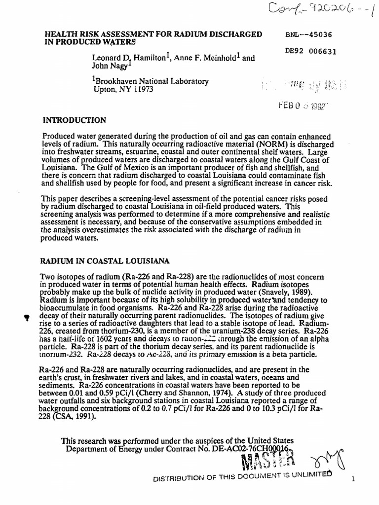 1973, Hamilton - Health Risk Assessment For Radium Discharged in ...