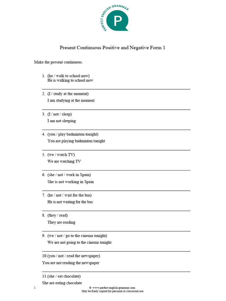 Present Continuous Form Positive and Negative 1 | PDF