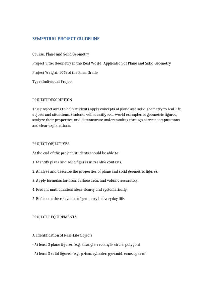 Semestral Project Guideline Final With Analytic Rubric Plane and Solid ...