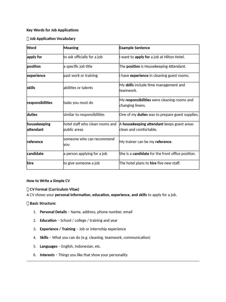 Key Words For Job Applications | PDF | Housekeeping