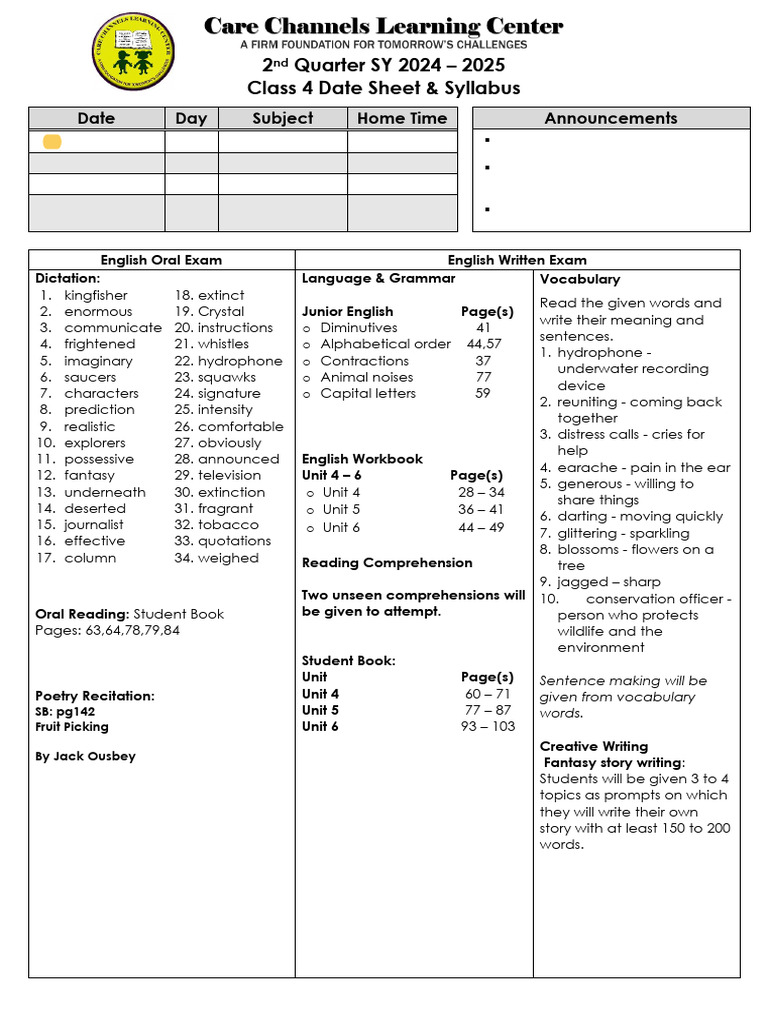 C4 Date Sheet & Syllabus 2nd QTR SY 2024-25 | PDF