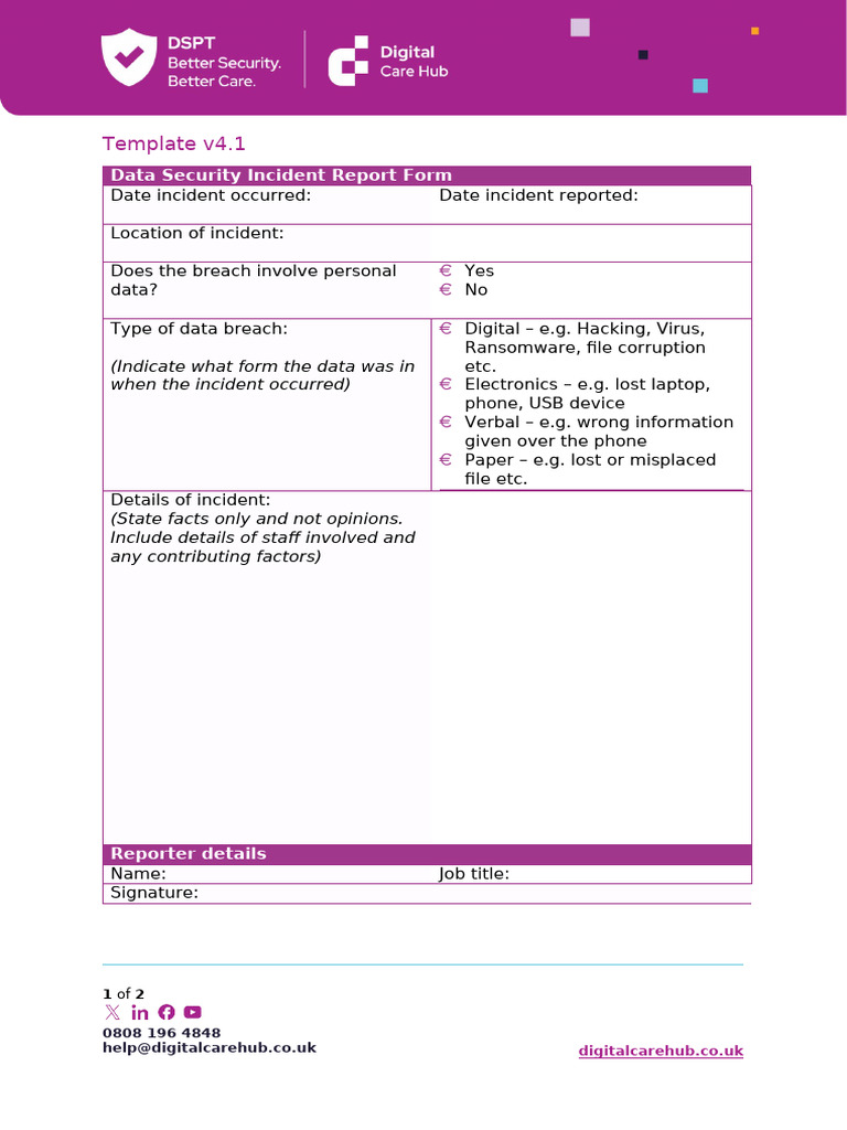 Data Security Breach Incident Report Form Template v4.1 1 | PDF