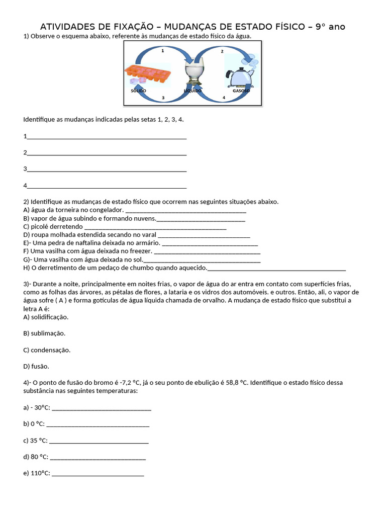 Atividade 9 Ano Mudanças de Estado Físico | PDF | Celsius | Fenômenos ...
