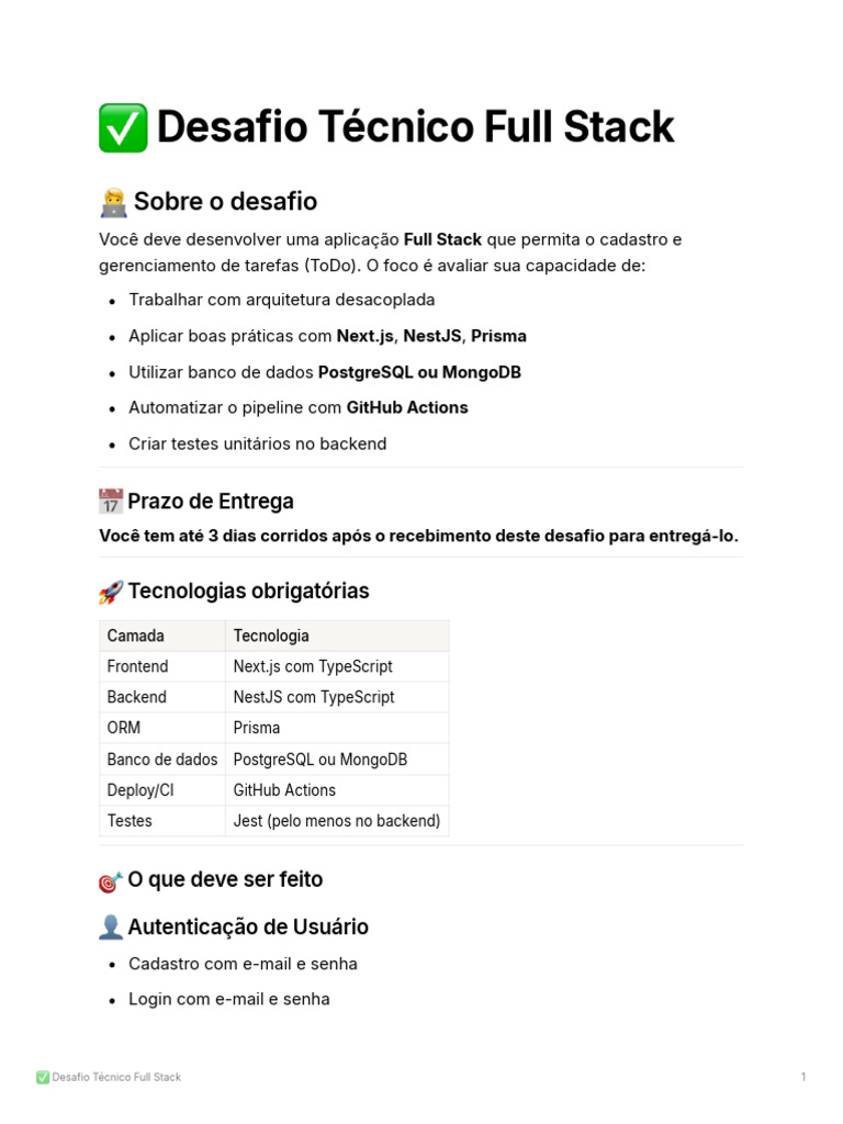 Desafio Tcnico Full Stack | PDF | Autenticação | Programas