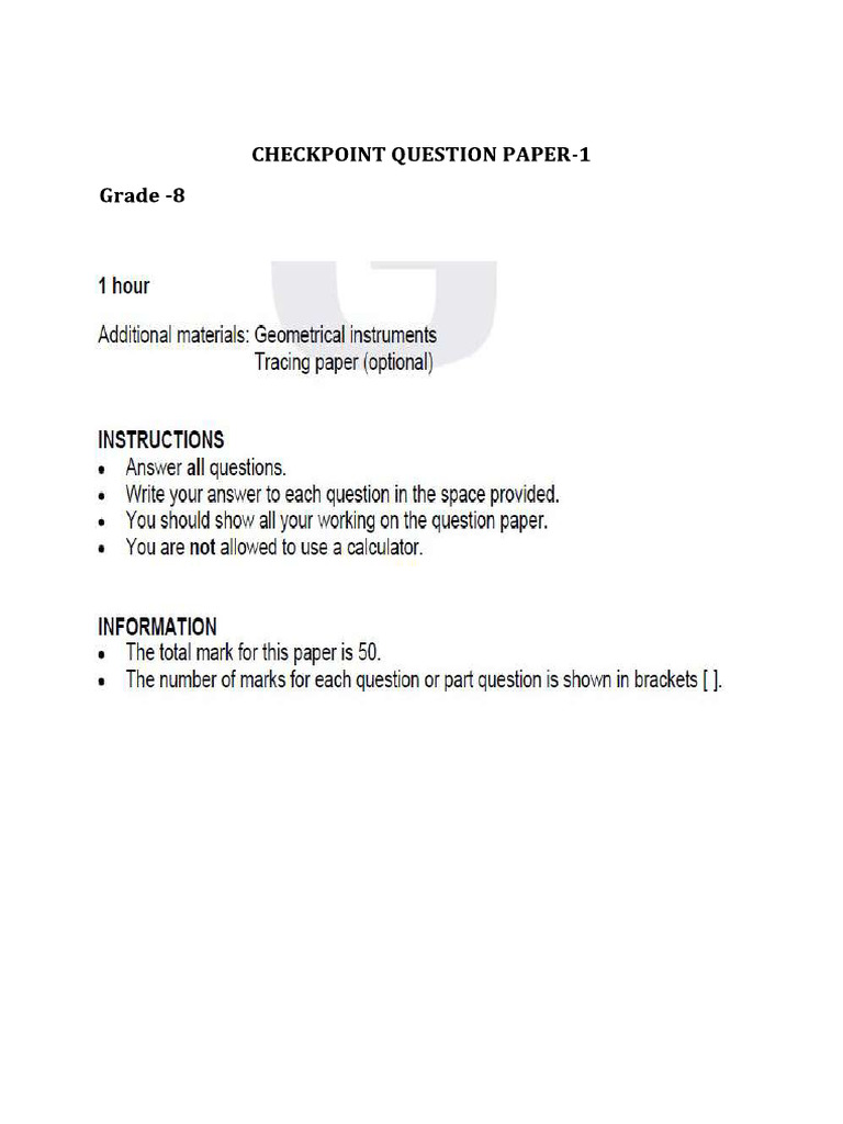 Grade - 8 Checkpoint QP Math Paper-1 | PDF