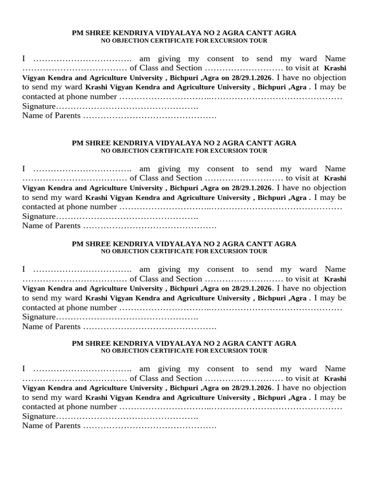 No Objection Certificate For Excursion Tour | PDF