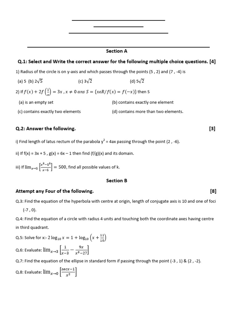 11th STD Maths 2nd Unit Test Question Paper 2025-26 | PDF | Ellipse ...