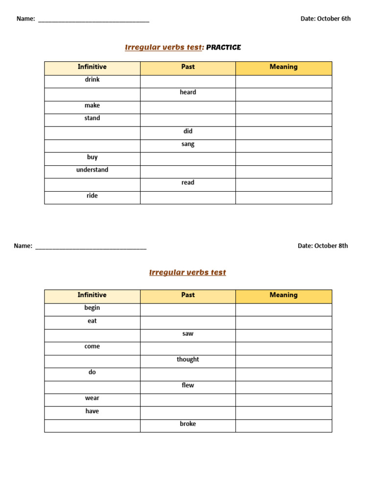 Irregular Verbs Test | PDF