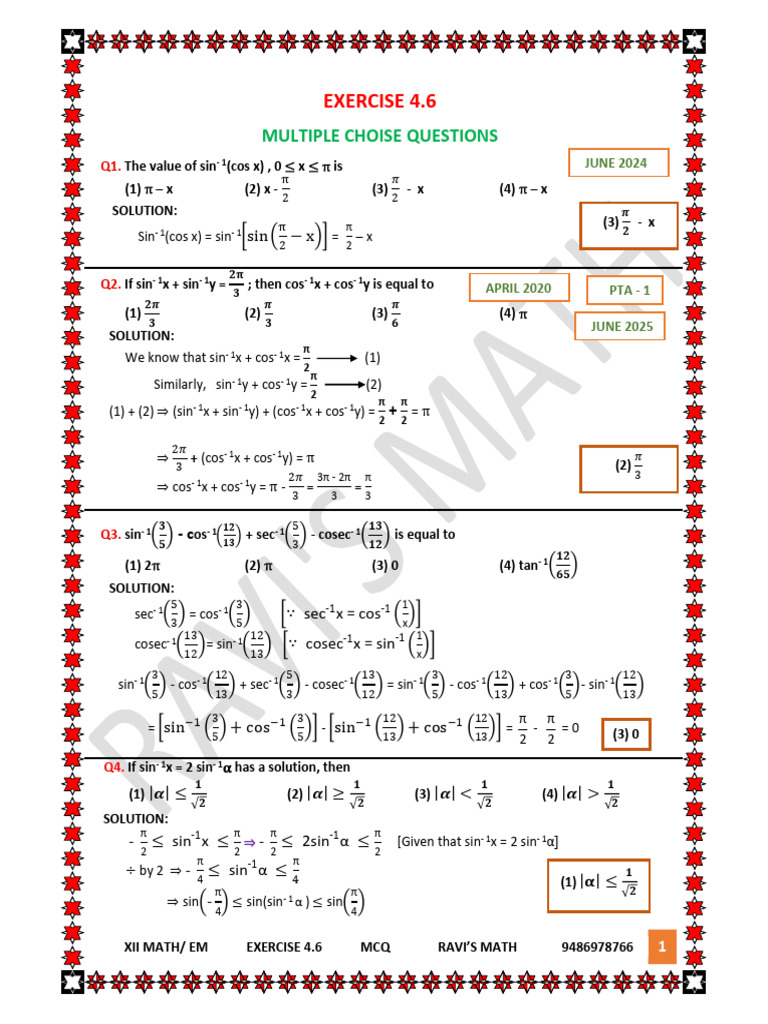 Exercise 4.6 em MCQ PDF | PDF | Mathematical Analysis | Euclid