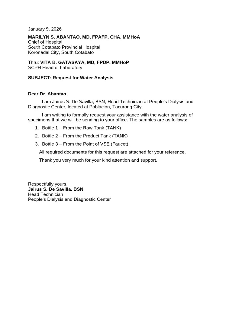 Letter For Water Analysis | PDF