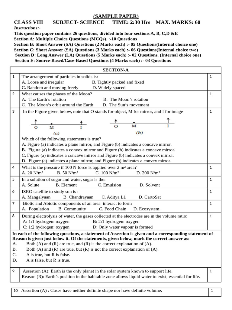 Sample Paper Science Class Viii | PDF | Moon | Water