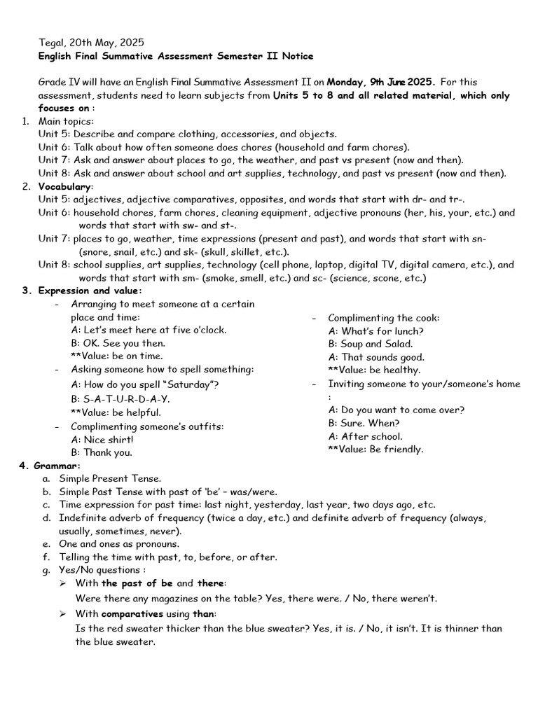 English Final Summative Assessment Sem 2 Notice For Grade IV | PDF ...