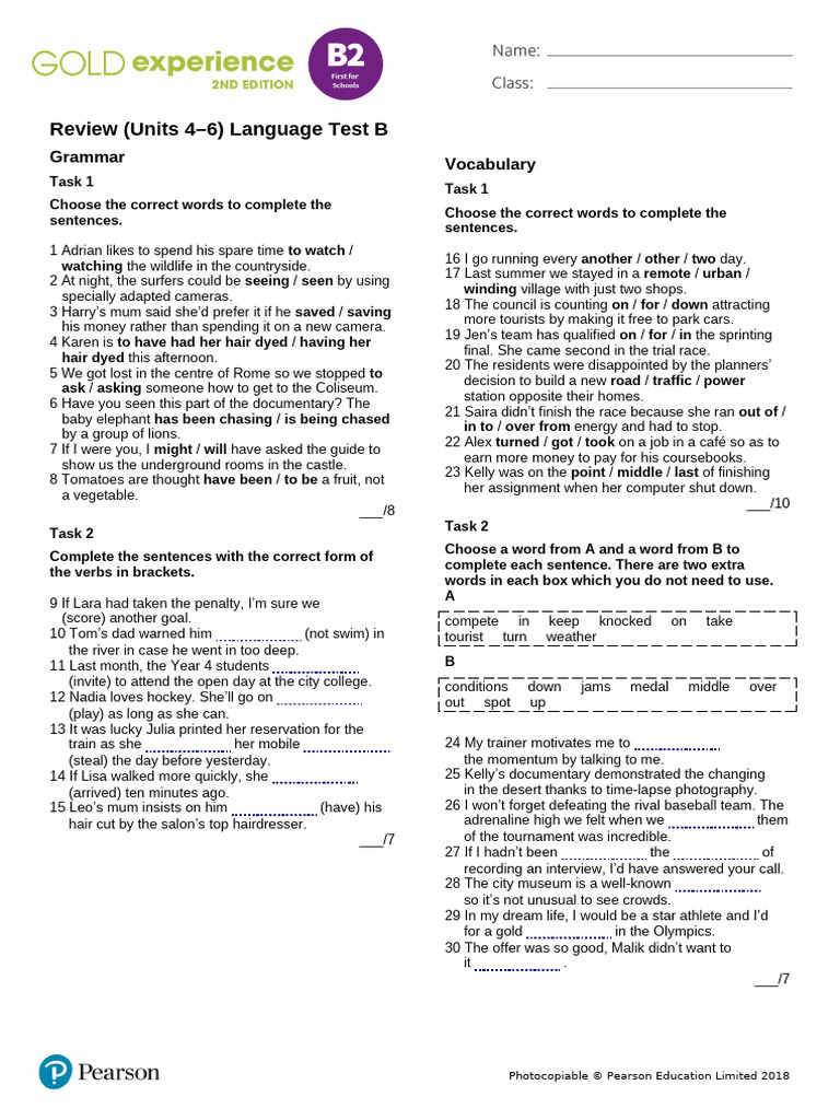 Gold Exp B2 Review Test Units 4-6 Language Test B | PDF | Sports ...