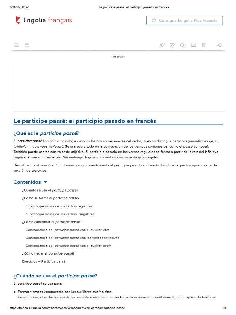 Le Participe Passé - El Participio Pasado en Francés | PDF | Verbo ...