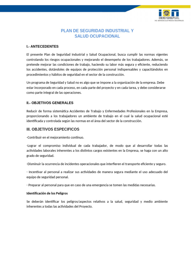 Anexo 1 - Plan de Salud y Seguridad Ocupacional | PDF | Seguridad y ...