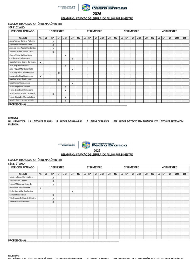 FICHA DE AVALIAÇÃO DA LEITURA - 3º Ano | PDF