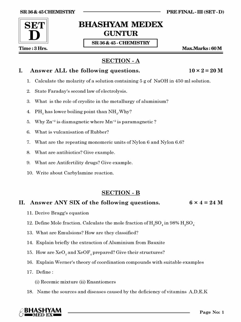 SR 36 & 45 Pre Final-3 - Set-D - Chemistry | PDF