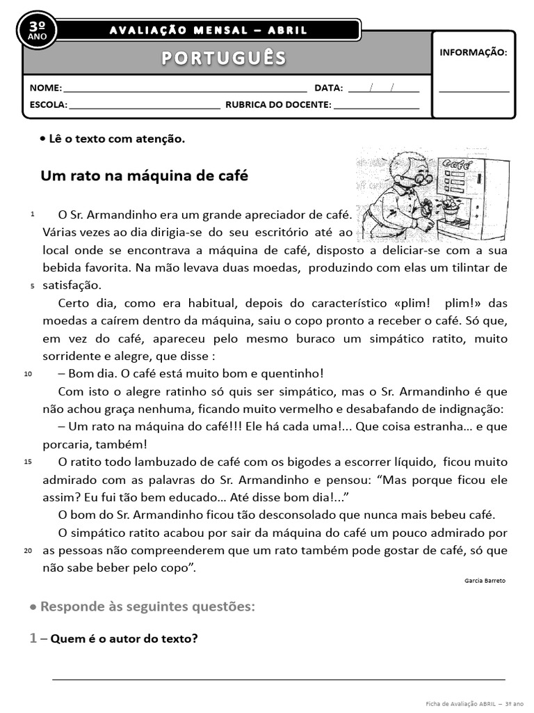 Ficha de Avaliação Abril - 3º Ano PORT - I | PDF