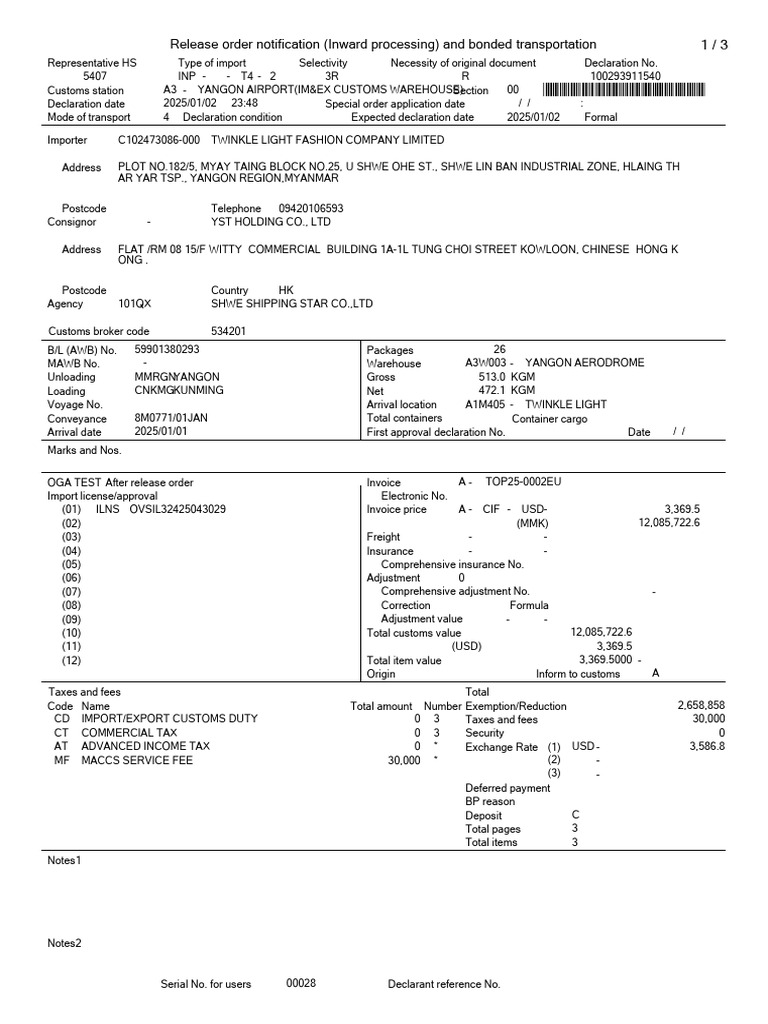 Release Order Notification (Inward Processing) and Bonded ...