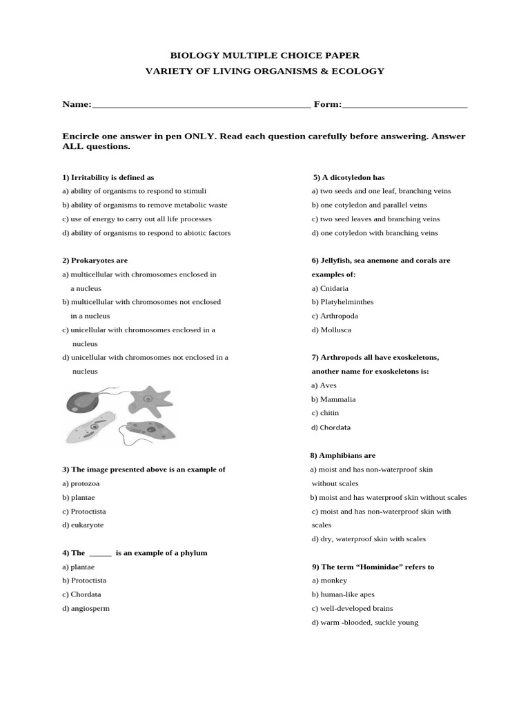 Biology Multiple Choice Paper Chapter 1&2 | PDF | Ecosystem | Plants