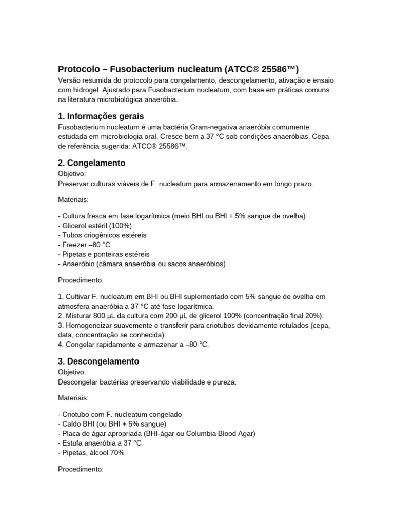 Protocolo Fusobacterium Nucleatum | PDF | Ágar | Microbiologia