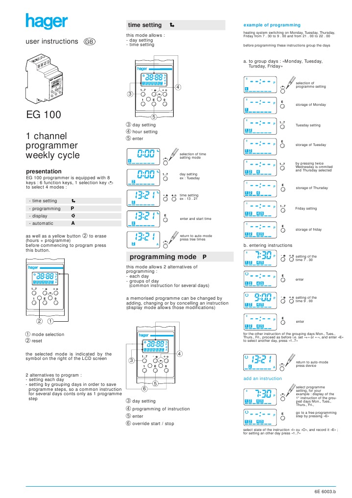 Hager EG100 Timer User Manual | Computer Engineering | Electrical
