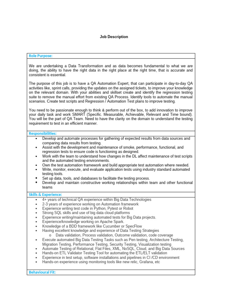 Big Data QA Automation Engineer - JD 2 | PDF | Computing | Information ...