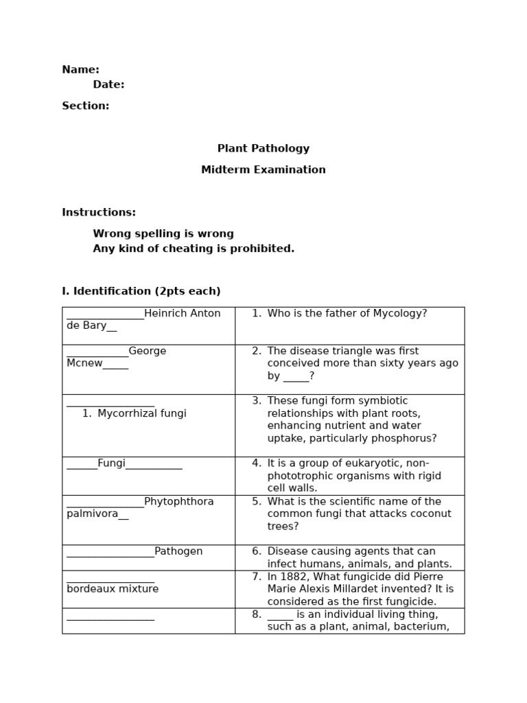 Plant Pathology Midterm Examination | PDF | Pathogen | Fungus