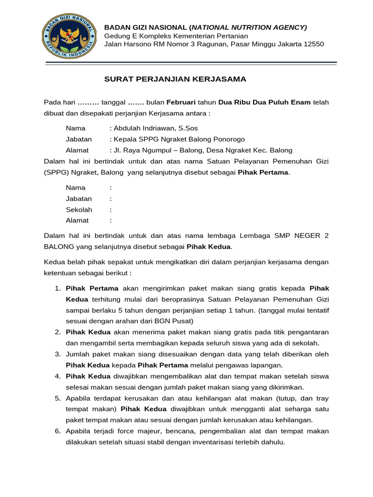 Surat Perjanjian Kerja Sama Sekolah Penerima Program MBG 2025 YPPSDP Al ...