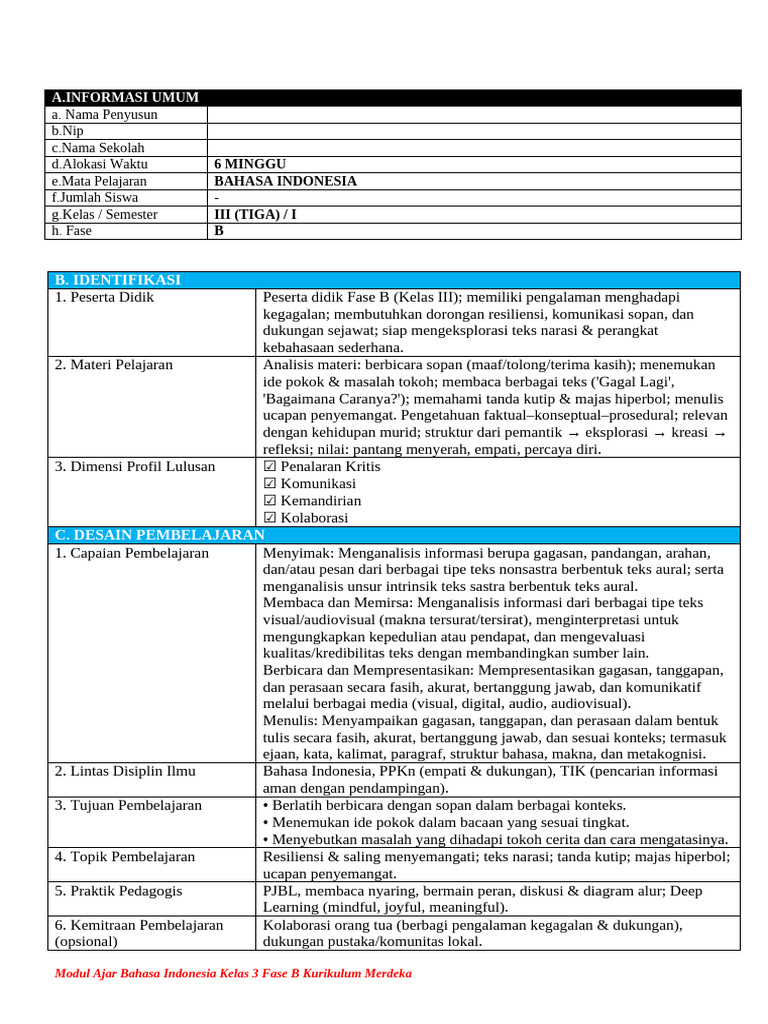 Modul Ajar Bahasa Indonesia Kls 3 Fase B Kurmer Bab 3 | PDF