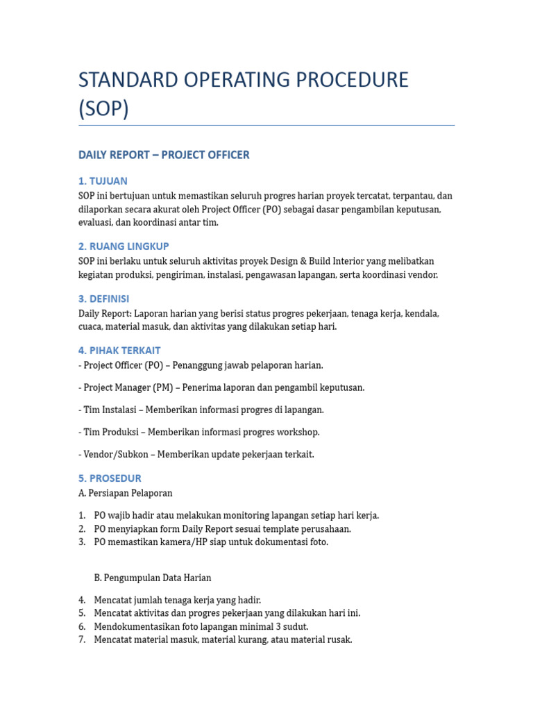 SOP Daily Report Project Officer | PDF