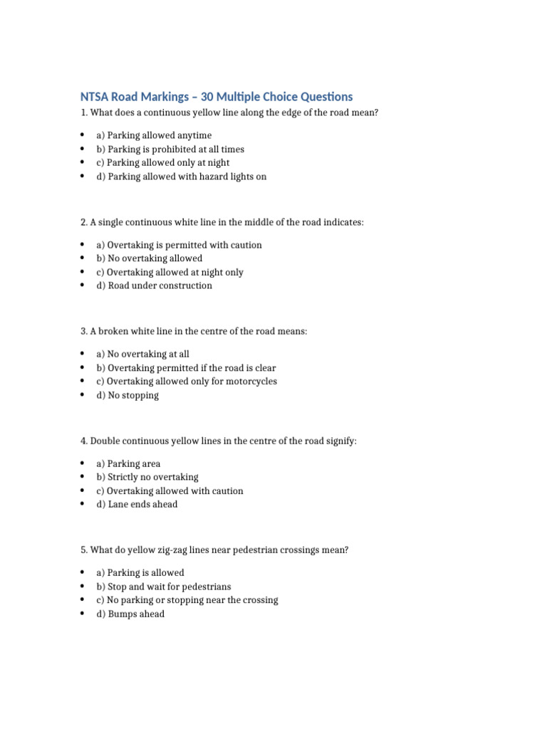 NTSA Road Markings Questions | PDF | Traffic | Transport