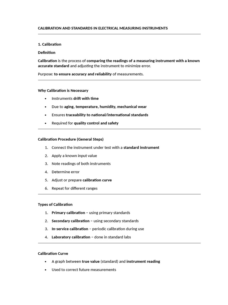 Calibration and Standards in Electrical Measuring Instruments | PDF